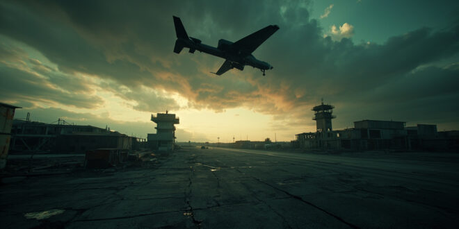 Dark military drone flying over empty airport runway with control tower in background under stormy evening sky