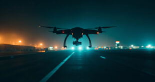 Commercial aircraft sits motionless on dark airport tarmac with scattered emergency lighting around empty terminal