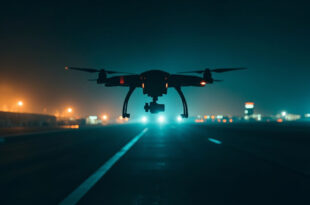 Black drone silhouette hovering above brightly lit airport runway with control tower beacons in background