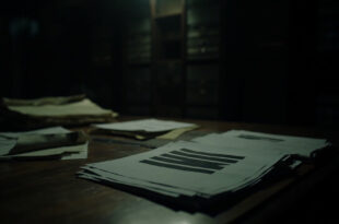 Stack of heavily redacted legal documents with black censorship bars on dark wooden surface