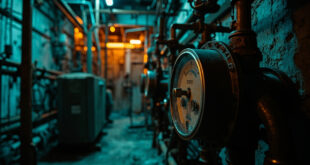 Industrial electrical meter surrounded by tangled power cables and gas pipeline valves in dramatic lighting