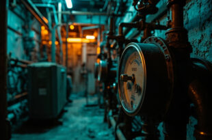 Industrial electrical meter surrounded by tangled power cables and gas pipeline valves in dramatic lighting