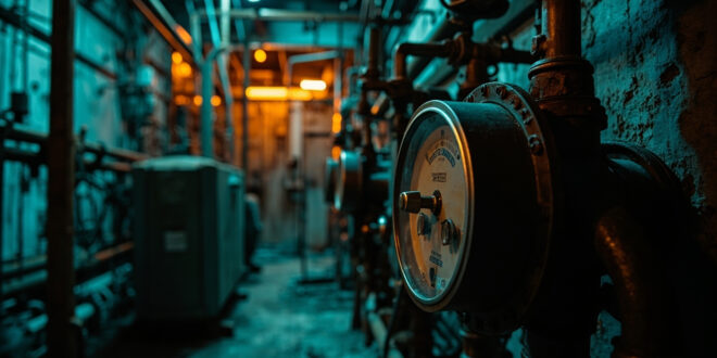 Industrial electrical meter surrounded by tangled power cables and gas pipeline valves in dramatic lighting