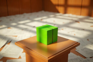 Green cardboard food boxes on wooden legislative table with scattered official papers and empty microphone stand
