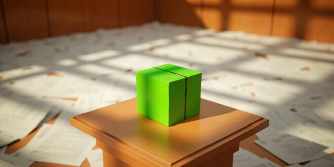 Green cardboard food boxes on wooden legislative table with scattered official papers and empty microphone stand