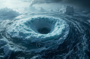 Swirling ocean currents with ice formations showing disrupted Atlantic circulation patterns in blue and gray tones.