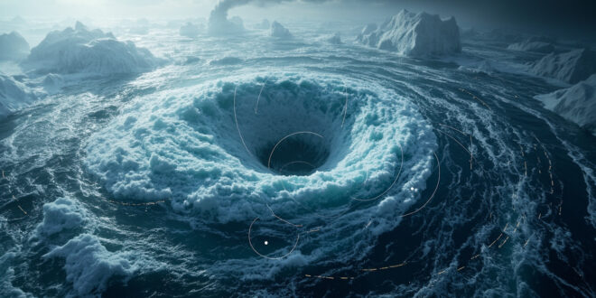 Swirling ocean currents with ice formations showing disrupted Atlantic circulation patterns in blue and gray tones.