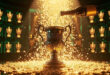 Golden champagne spray surrounds ornate silver Ryder Cup trophy in elegant clubhouse setting