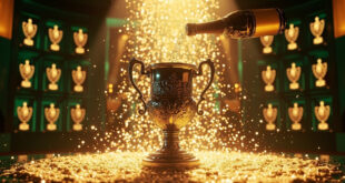 Golden champagne spray surrounds ornate silver Ryder Cup trophy in elegant clubhouse setting