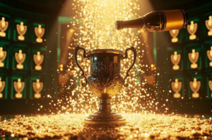 Golden champagne spray surrounds ornate silver Ryder Cup trophy in elegant clubhouse setting