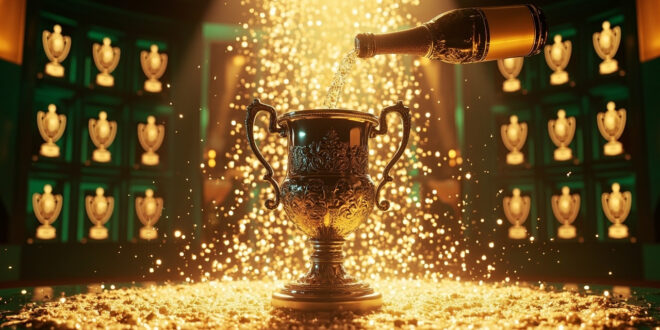 Golden champagne spray surrounds ornate silver Ryder Cup trophy in elegant clubhouse setting