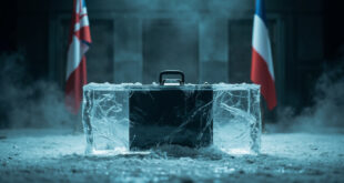 Frozen diplomatic briefcase embedded in ice block symbolizing stalled Germany-China trade relations and tensions