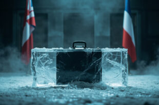 Frozen diplomatic briefcase embedded in ice block symbolizing stalled Germany-China trade relations and tensions