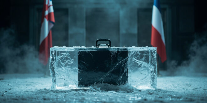Frozen diplomatic briefcase embedded in ice block symbolizing stalled Germany-China trade relations and tensions