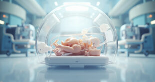 Neonatal incubator chamber with life support tubes and monitoring equipment in clinical setting