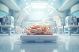 Neonatal incubator chamber with life support tubes and monitoring equipment in clinical setting