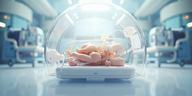 Neonatal incubator chamber with life support tubes and monitoring equipment in clinical setting