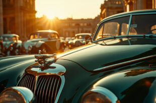 Vintage Jaguar hood ornament and classic car grilles lined up before historic hotel facade in Karlovy Vary