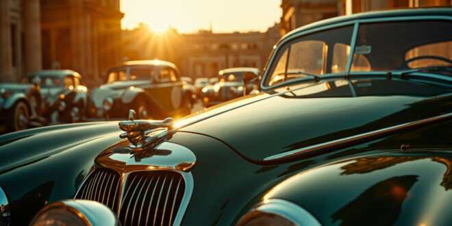 Vintage Jaguar hood ornament and classic car grilles lined up before historic hotel facade in Karlovy Vary