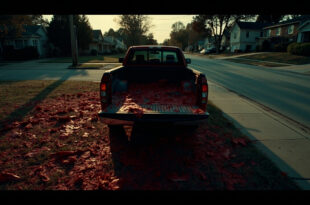 Open truck tailgate with red painted objects scattered across suburban lawn in evening light