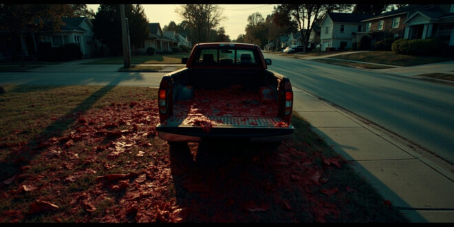 Open truck tailgate with red painted objects scattered across suburban lawn in evening light