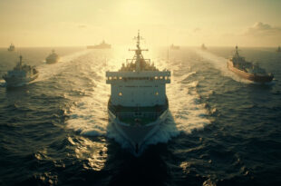 White humanitarian vessel navigating dark choppy waters with military ships visible on horizon at dawn