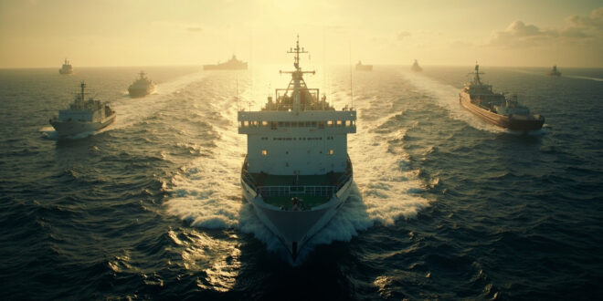 White humanitarian vessel navigating dark choppy waters with military ships visible on horizon at dawn