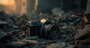 Damaged professional camera equipment scattered on debris-covered concrete in war-torn landscape