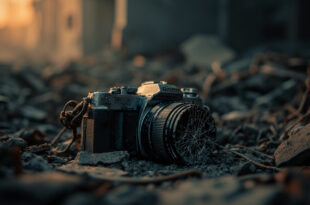Damaged professional camera equipment scattered on debris-covered concrete in war-torn landscape