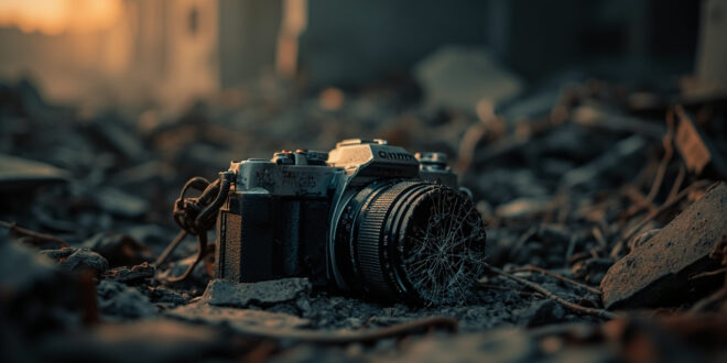 Damaged professional camera equipment scattered on debris-covered concrete in war-torn landscape