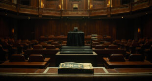 Empty French parliamentary chamber with wooden benches, legislative documents on desk, and scales of justice symbol