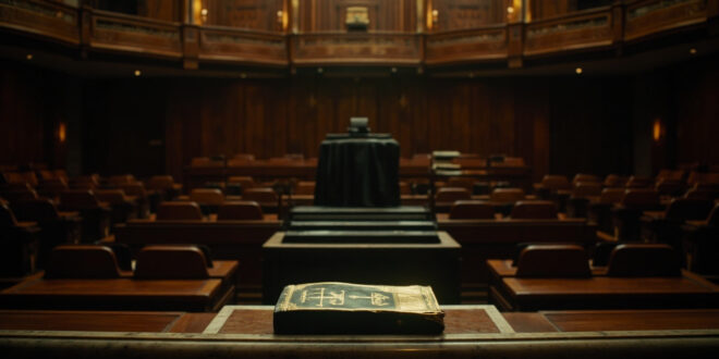 Empty French parliamentary chamber with wooden benches, legislative documents on desk, and scales of justice symbol