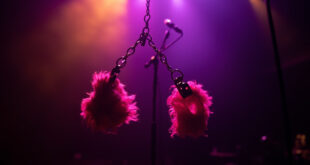 Pink fluffy handcuffs suspended in purple concert lighting beside microphone stand on dark stage