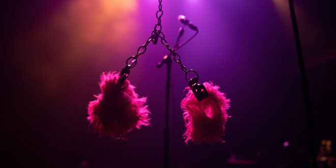 Pink fluffy handcuffs suspended in purple concert lighting beside microphone stand on dark stage