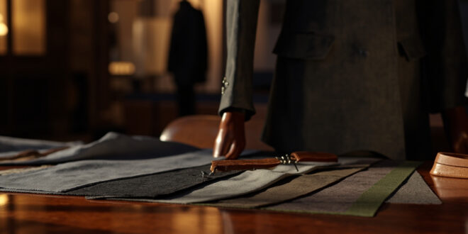 Leather crafting tools and fabric samples on wooden workbench in luxury fashion studio