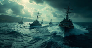 Multiple boats sailing across dark Mediterranean waters under overcast sky