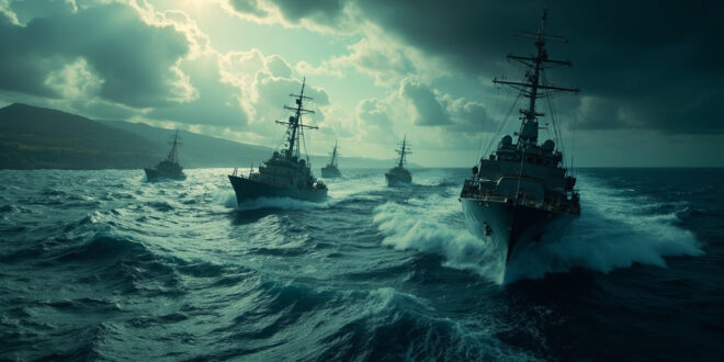 Multiple boats sailing across dark Mediterranean waters under overcast sky