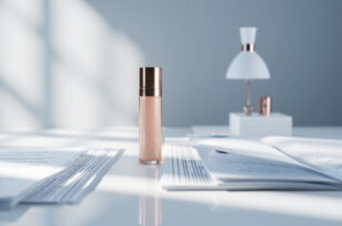 Elegant skincare bottle on desk with scattered investment documents and ledger books in soft lighting