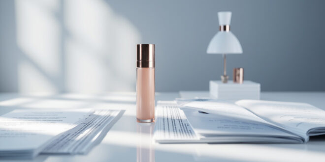 Elegant skincare bottle on desk with scattered investment documents and ledger books in soft lighting
