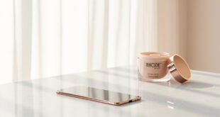 Beauty product bottle and cosmetics jar on marble counter beside smartphone with soft natural window light