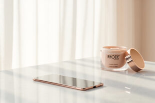 Beauty product bottle and cosmetics jar on marble counter beside smartphone with soft natural window light