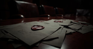 Official diplomatic documents with red seals scattered across dark conference table in empty meeting room