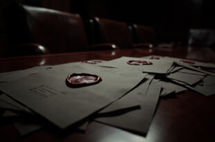 Official diplomatic documents with red seals scattered across dark conference table in empty meeting room