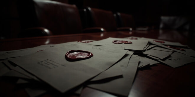Official diplomatic documents with red seals scattered across dark conference table in empty meeting room