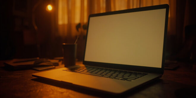 Laptop with glowing screen on wooden desk in warm evening light with paper and pen nearby