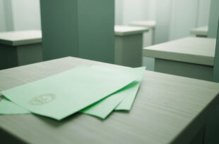 Green ballot papers arranged on wooden surface next to transparent ballot box in polling station