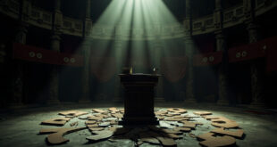 Empty parliamentary chamber with scattered political party emblems and cracked podium symbolizing government crisis.