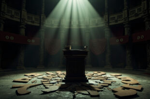 Empty parliamentary chamber with scattered political party emblems and cracked podium symbolizing government crisis.