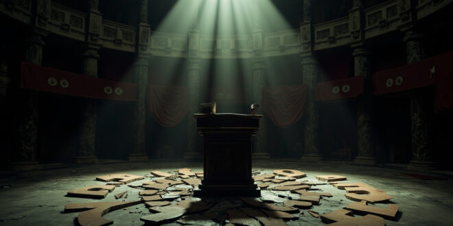Empty parliamentary chamber with scattered political party emblems and cracked podium symbolizing government crisis.