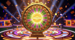 Golden game show wheel with million dollar wedge highlighted, surrounded by falling confetti on colorful stage